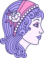 iconic tattoo style image of a gypsy head in bright neon color
