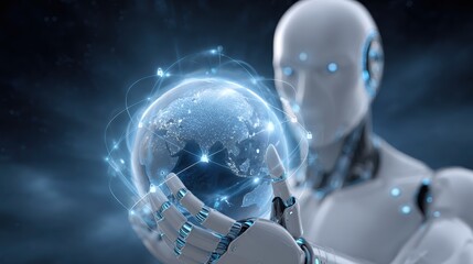 A futuristic robot holds a glowing digital globe interconnected with network lines, symbolizing advanced technology and global connectivity.