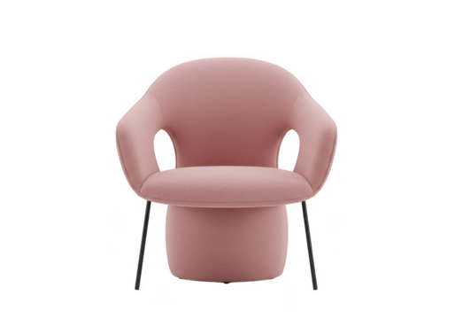 Modern pink upholstered armchair with curved arms and black metal legs isolated on transparent background
