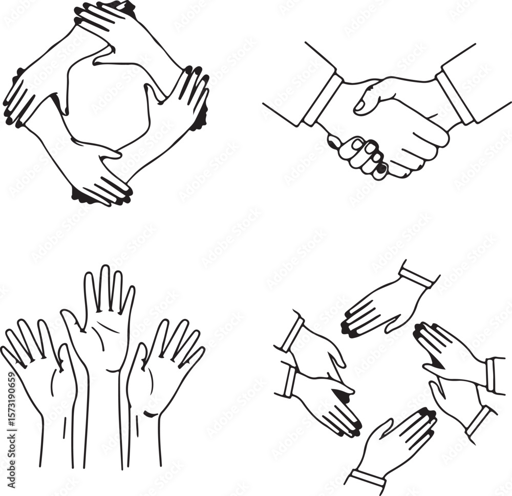Poster vector art of four different hand gestures symbolizing teamwork and unity isolated on transparent ba