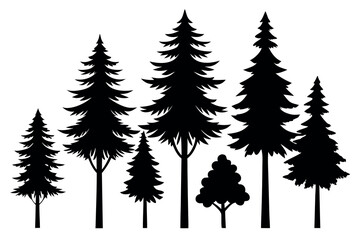 Fototapeta premium Pine Tree Silhouette Collection – Minimalist Black Vector Trees Isolated on White