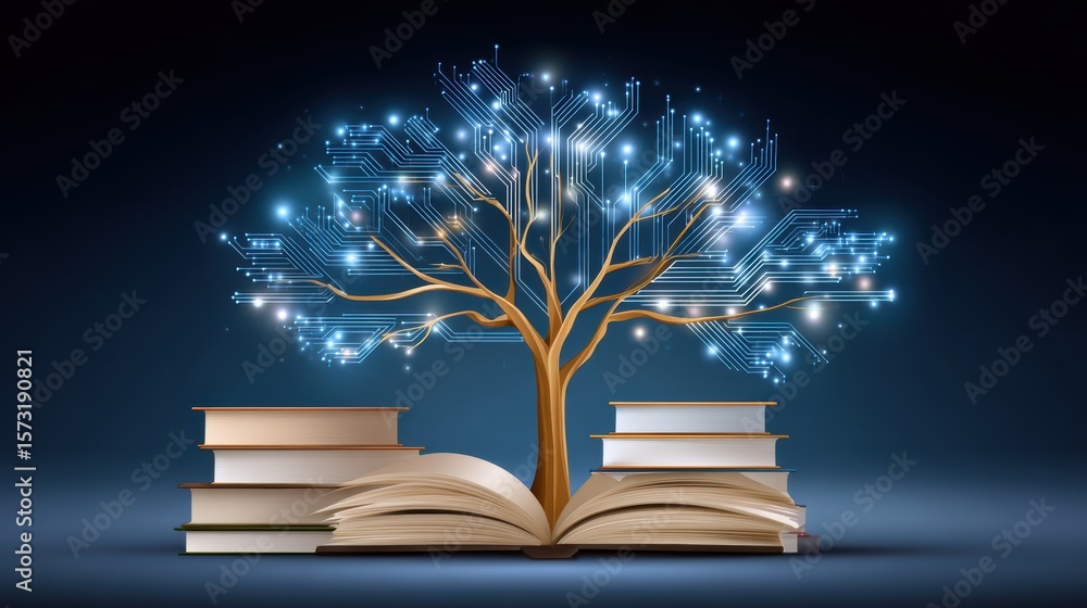 Poster an open book with a glowing digital tree emerging, symbolizing knowledge growth and technology's con