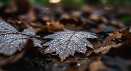 Autumn leaves covered in dew on forest floor during morning light  