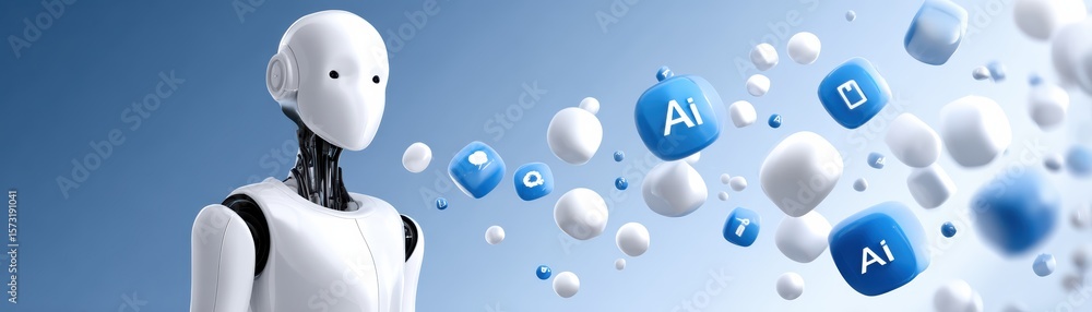 Poster a futuristic white humanoid robot interacts with floating ai-related icons on a soft blue gradient b