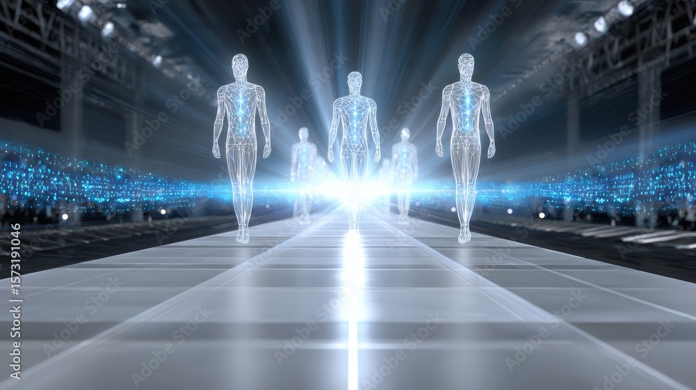 Poster futuristic digital humanoid figures walk on a glowing runway in a high-tech environment with beams o