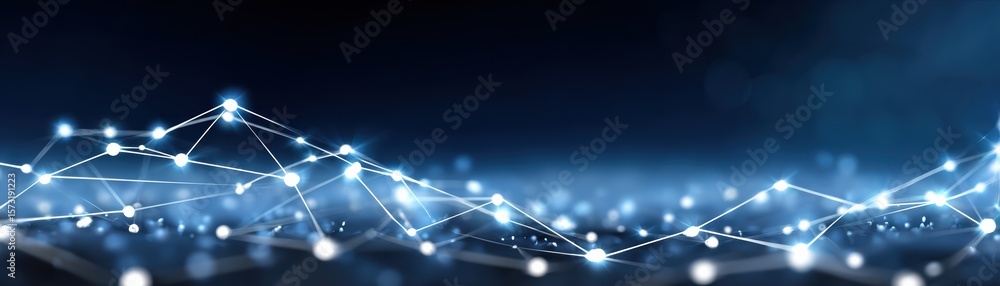 Poster a digital network visualization with interconnected glowing nodes against a dark blue gradient backg