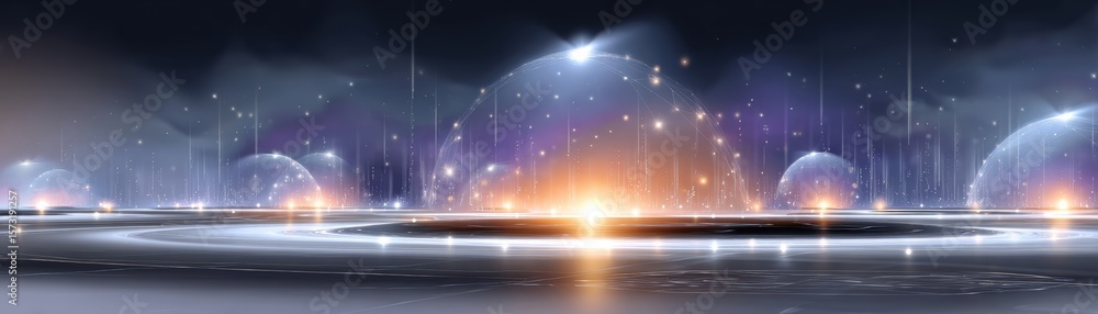 Poster futuristic digital landscape with glowing spheres, light arcs, and data streams creating a high-tech