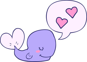 cartoon whale in love with speech bubble in bright neon color