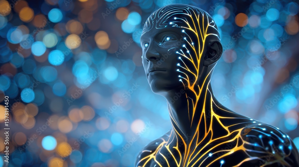 Poster a futuristic humanoid figure with illuminated neural patterns stands against a blurred background of