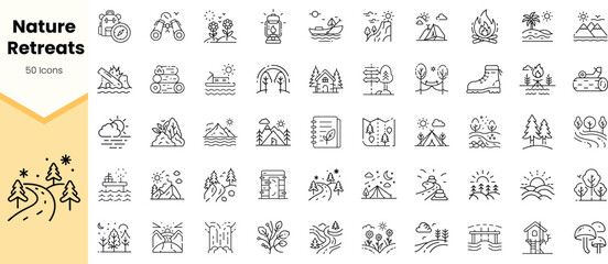 A collection of 50 monochrome icons representing various nature retreat activities, including camping, hiking, and wildlife exploration, perfect for outdoor enthusiasts.