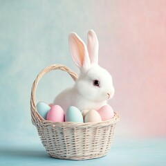 White bunny in pastel-colored basket with eggs