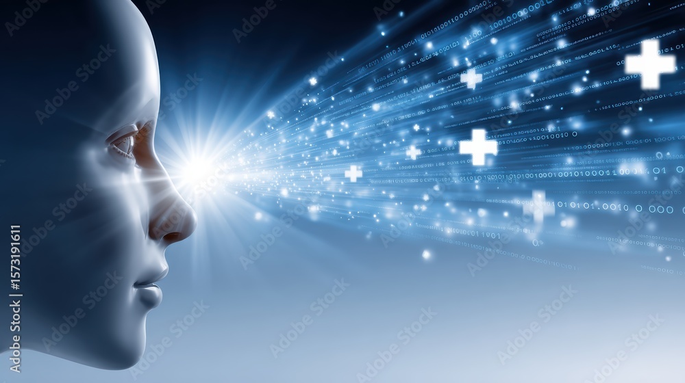 Poster a futuristic human face emitting digital data streams and plus signs, symbolizing artificial intelli