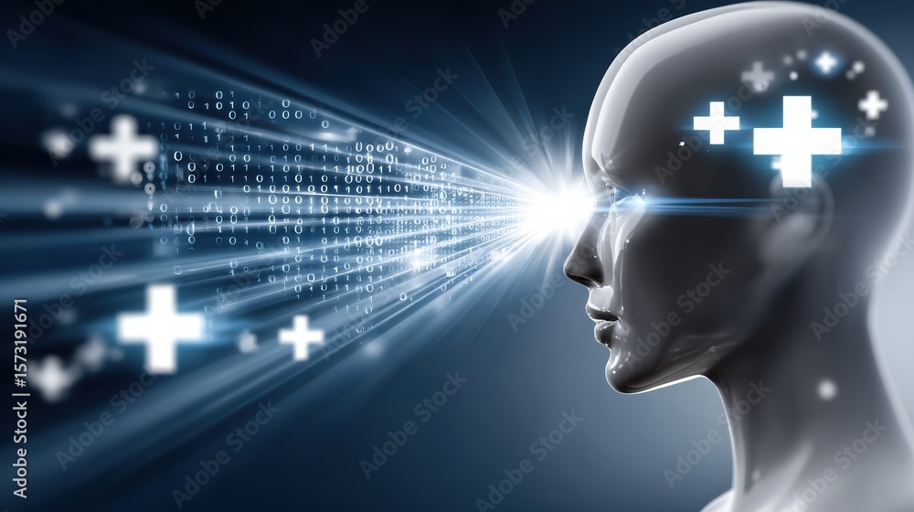 Poster a futuristic humanoid figure emits glowing data streams and mathematical symbols from its eye, symbo