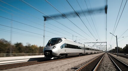 Fototapeta premium A sleek high-speed train zooming along a modern railway track, with its streamlined design and motion blur capturing the essence of speed against a clear sky. 