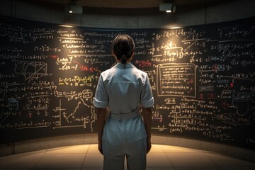 Inspirational nurse contemplating complex equations in a futuristic research lab setting