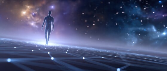 A digital humanoid figure walks on a glowing grid path through a cosmic, star-filled background, symbolizing technology and futuristic exploration.
