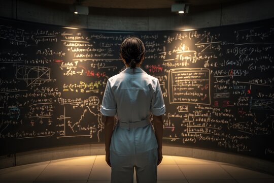 Inspirational nurse contemplating complex equations in a futuristic research lab setting