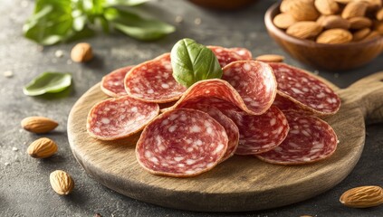 Slices of cured salami on a wooden board, with almonds and basil