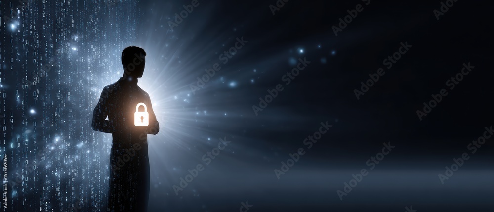 Poster silhouette of a person holding a glowing padlock symbol, surrounded by digital data streams represen