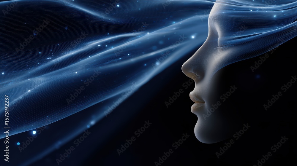 Poster a futuristic digital face with flowing mesh lines and light particles symbolizes ai, technology, and