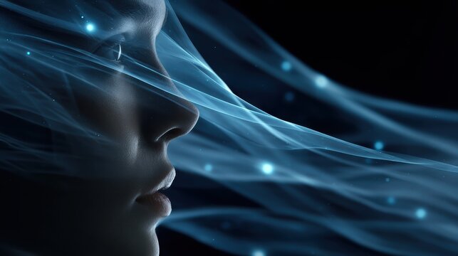 A close-up profile of a human face surrounded by flowing blue light streams and glowing particles, evoking a futuristic and digital atmosphere.