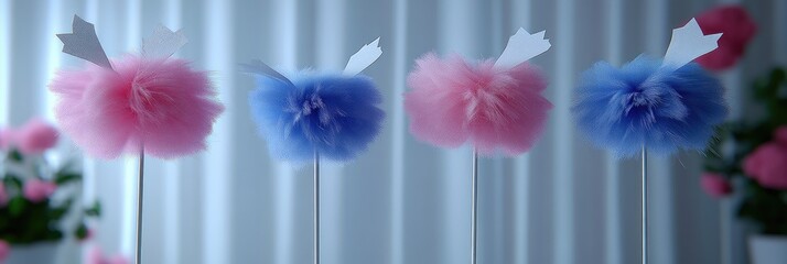 Obraz premium Pink and blue tulle pom-poms on sticks