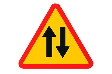 Warning sign with two arrows indicating two way traffic on a transparent