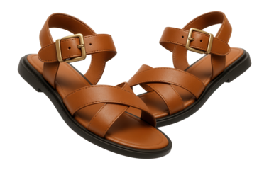 Strappy leather sandals with metallic buckles and flat soles for strolls