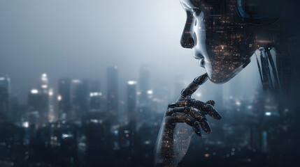 A digital art piece of an AI humanoid figure half-submerged in a futuristic liquid pool, blending advanced technology with surreal aesthetics, symbolizing the fusion of artificial intelligence and hum
