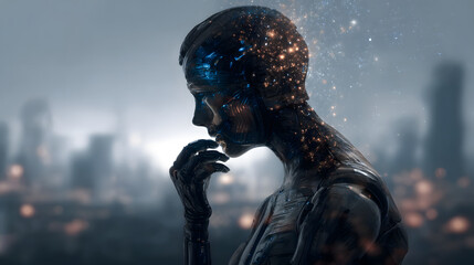 A digital art piece of an AI humanoid figure half-submerged in a futuristic liquid pool, blending advanced technology with surreal aesthetics, symbolizing the fusion of artificial intelligence and hum
