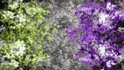 Abstract textured artwork with mottled lime green and vibrant purple sections on a gray backdrop