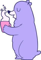 cartoon bear with hot drink in bright neon color