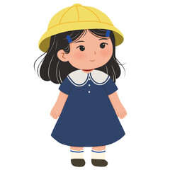Illustration Cute Little Girl Black Hair on Kindergarten Uniform