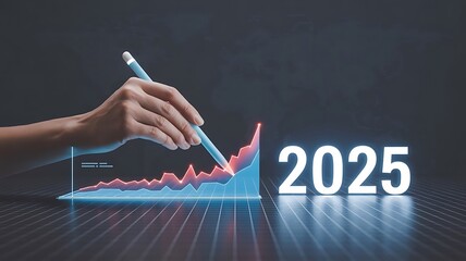 Futuristic 2025 Data Visualization Illustration with Glowing Stylus and Line Graph on Dark Blue Background