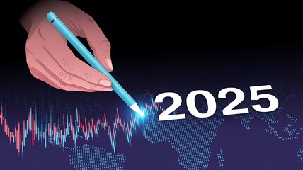 Futuristic 2025 Data Visualization Illustration with Glowing Stylus and Line Graph on Dark Blue Background