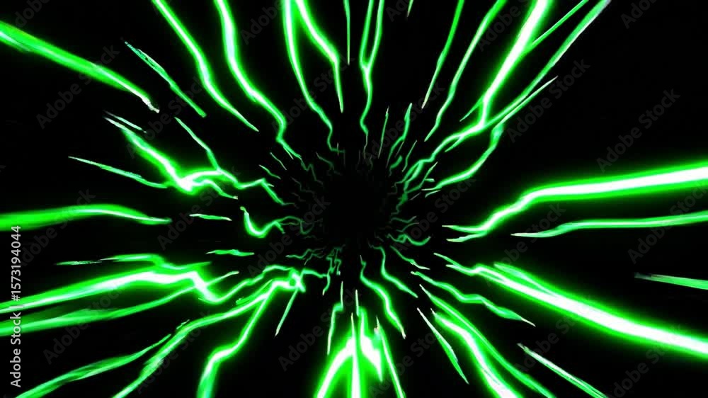 Poster abstract green light burst with dynamic swirling lines and energy motion in dark space background
