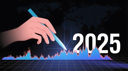 Futuristic 2025 Data Visualization Illustration with Glowing Stylus and Line Graph on Dark Blue Background
