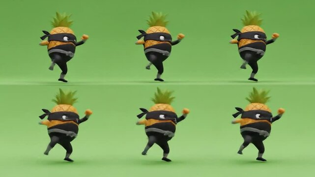 Funny pineapple ninja characters action poses