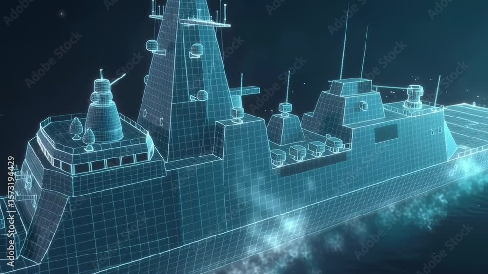 Poster detailed wireframe animation of a naval destroyer assembling with futuristic design elements
