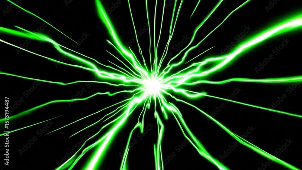 Poster abstract glowing green light streaks radiating from the center on a dark background with dynamic ene