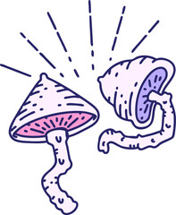 illustration of a traditional tattoo style mushrooms in bright neon color