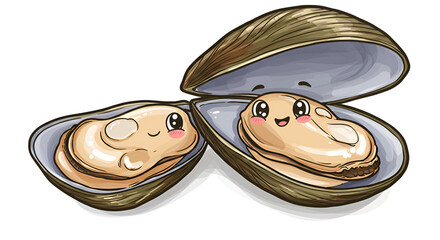 Cute Cartoon Oysters with Kawaii Faces Illustration