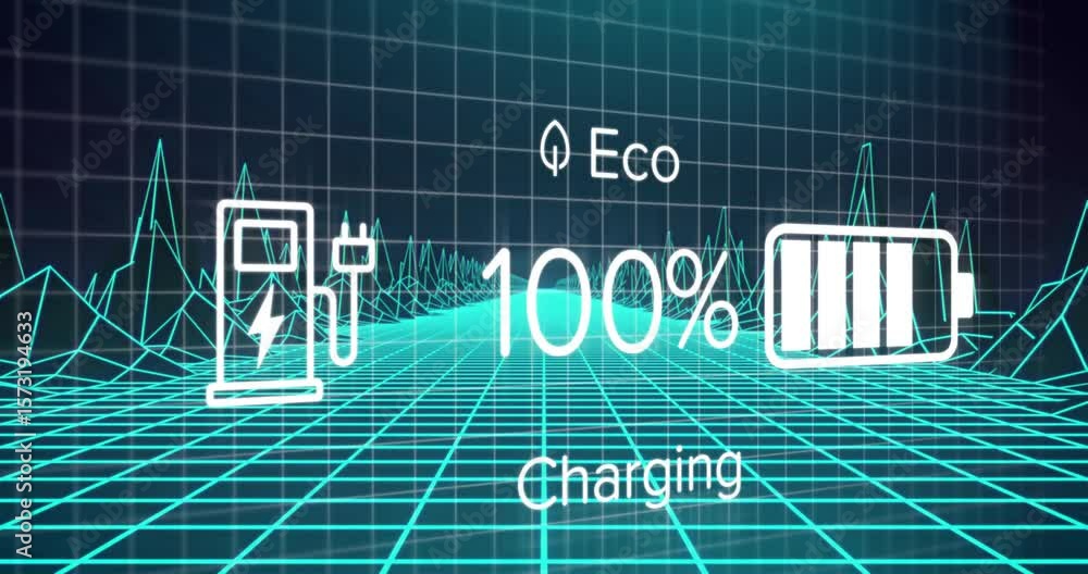 Poster opening scene showing charging icon and eco leaf displaying battery filling then reversing levels