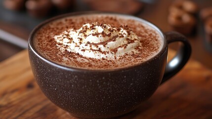 Dark mug of hot chocolate topped with whipped cream and cocoa