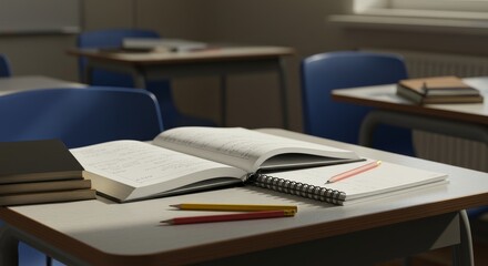 Classroom desk with open books and stationery in study environment  