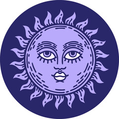 iconic tattoo style image of a sun with face in bright neon color