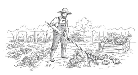 Hand-Drawn Farmer Raking Garden Illustration