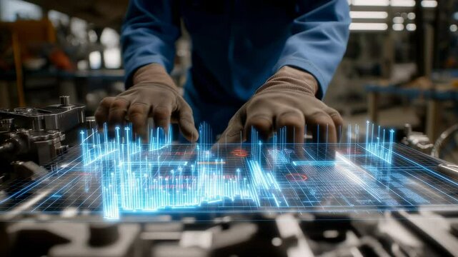 Technician Manipulating Complex Digital Interface in Modern Manufacturing Environment
