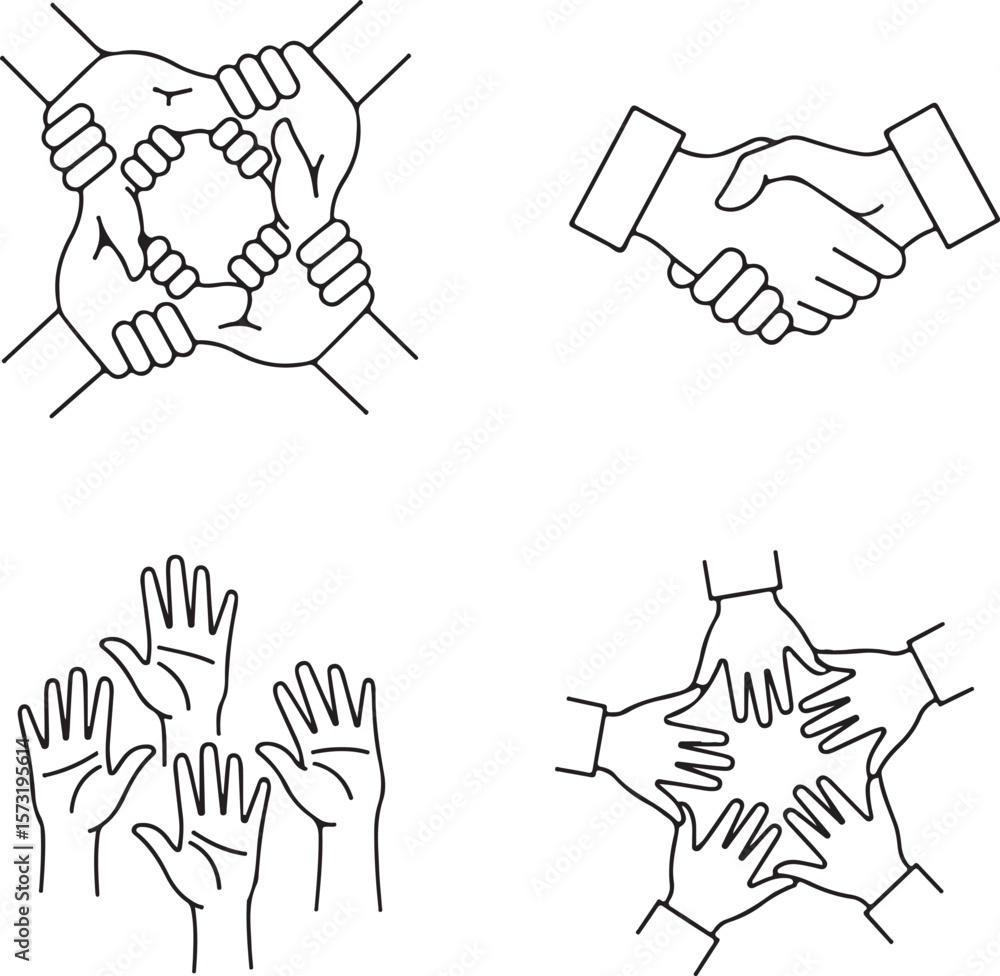Poster vector art of four simple line art icons depict teamwork and collaboration isolated on transparent b