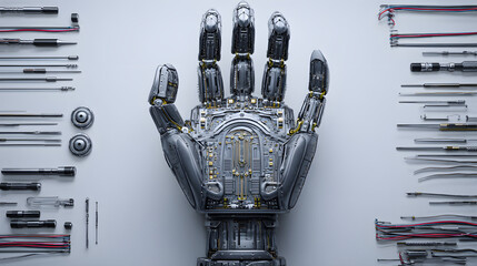 A top-down view of an intricately designed robotic structure with exposed circuits and mechanical parts, showcasing advanced engineering, cyber aesthetics, and futuristic technology in a clean studio 